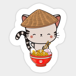 Funny Tabby Cat Eating Ramen Sticker